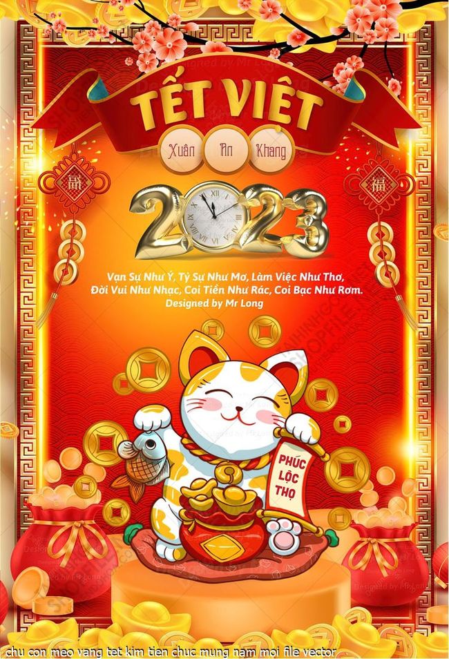 chu con meo vang tet kim tien chuc mung nam moi file vector
